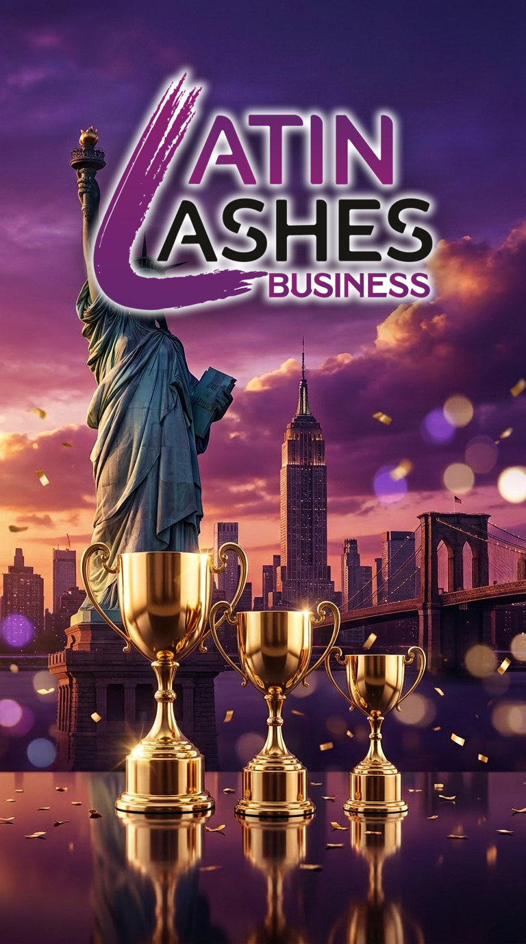 Estatua de la Libertad, skyline de Nueva York y trofeos dorados — Latin Lashes Business